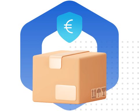Pachet protejat sub un scut cu simbolul euro, reprezentând prețurile avantajoase la soluțiile de curierat internațional oferite de Click Post.