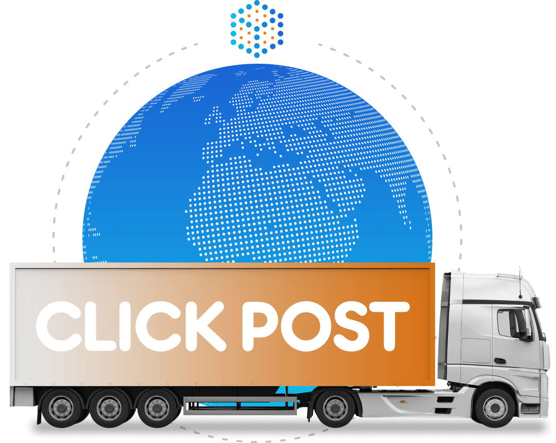 Camion de livrare Click Post cu globul pământesc și rute digitale în fundal, simbolizând soluțiile de curierat internațional.