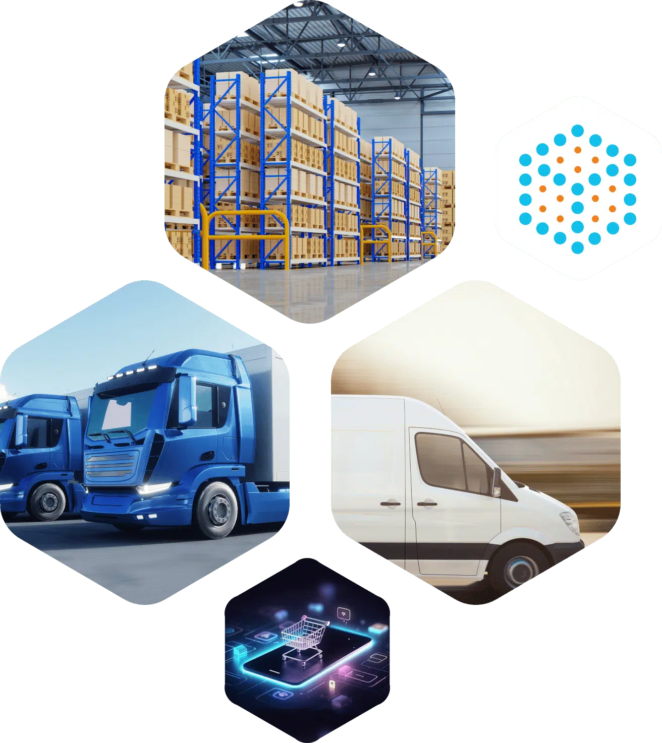 Colaj de imagini reprezentând diferite aspecte ale serviciilor de curierat: un depozit cu rafturi de stocare, camioane de livrare, o furgonetă albă în mișcare și o reprezentare a cumpărăturilor online și a tehnologiei blockchain.